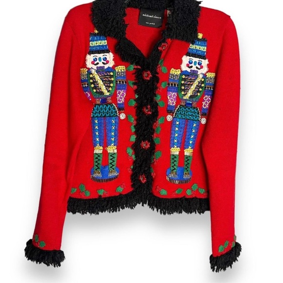 Michael Simon Womens Sz M Beaded Nutcracker Sweater Cardigan Black Fringe Trim - Picture 4 of 15